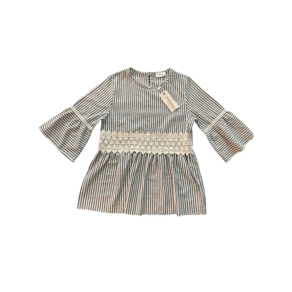 Orange Creek Blue Stripe Lace Bell Sleeve Top S NWT - Picture 2 of 6